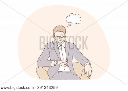 Meeting, Delay, Business Concept. Impatiend Displeased Businessman Leader Ceo Manager Boss Waits For