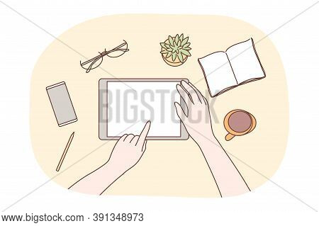 Technology, Mobile, Social Media, Business Concept. Human Character Designer Hands Using Blank Table