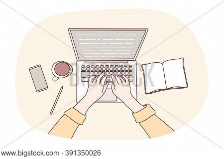 Technology, Social Media, Work, Business Concept. Human Programmer Character Hands Using Laptop In O