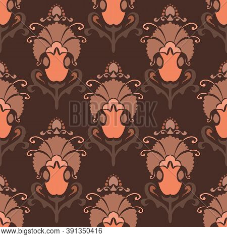 Vector Illustration. Damask Seamless Pattern Of Flowers. Pastel Brown Pattern. Baroque Classicism.