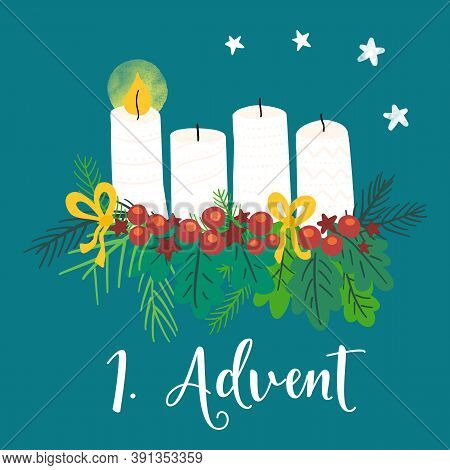 Advent Wreath Illustration. Christmas Arrangements With 4 Candles, One Burning, Bows, Berries And Pi