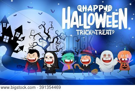 Halloween Kid Vector Background Design. Happy Halloween And Trick Or Treat Text With Creepy Kids Cha