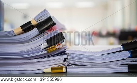 Unfinished Report Of Papers Document Folder With Black Clippaper. Pile A Lot Of Agreements Report Sh