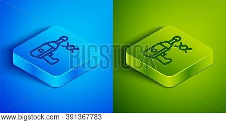 Isometric Line Transfer Liquid Gun In Biological Laborator Icon Isolated On Blue And Green Backgroun