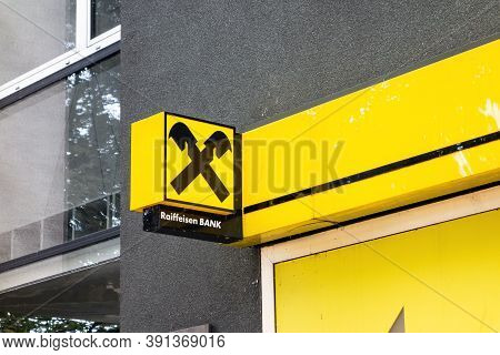 Ostrava, Czech Republic - October 4, 2020: The Yellow Banner Of The Austrian Reiffeisen Bank Branch 