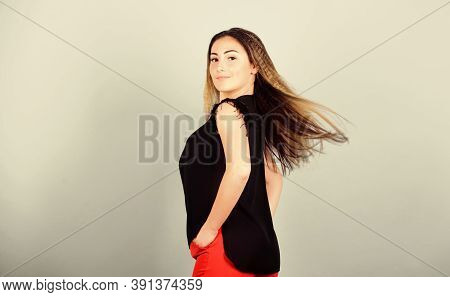 Fashion Girl Stylish Hairstyle. Hair Crimping Method Styling Hair Become Wavy. Voluminous Crimped Ha