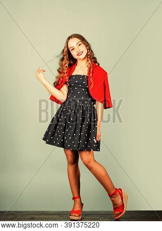 Beauty Model. Little Lady In Pin-up Style. Glamour Lifestyle. Small Girl Formal Outfit. Elegant Retr