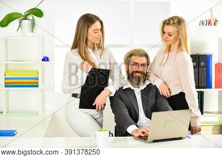 Office Affair. Surrounded By Beautiful Ladies. Seductive Colleague. Man And Women Business Colleague