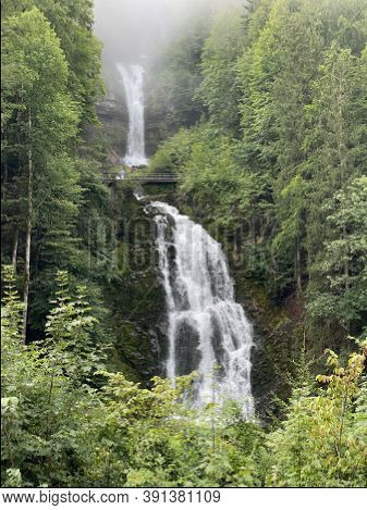 Giessbach Falls In The Eponymous Nature Park And Over Lake Brienz - Canton Of Bern, Switzerland