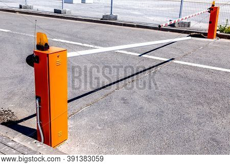 Automatic Rising Arm Barrier For Entry Or Stop Traffic. Boom Barrier Gate Access Entry