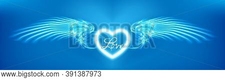 Light Cyan Heart And Angel Wings On Blue Background. Glowing Fantasy, Valentines Day Attribute. Insc