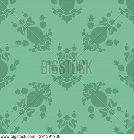Vector Illustration. Damask Seamless Pattern Of Flowers. Pastel Green Pattern On A Light Green Backg