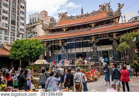 Taipei, Taiwan - October 20th, 2019: famous attraction of Lungshan temple at Taipei, Taiwan