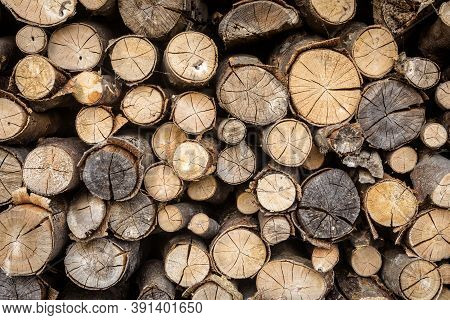 Timber Stack, Ends Of Logs For Texture Background. Woodpile Of Brown Firewood, Rough Sawn Trees With
