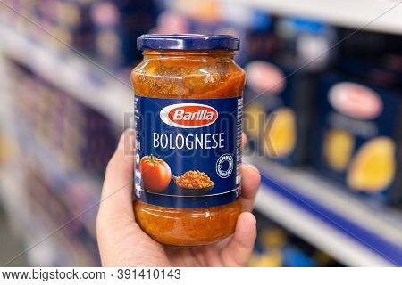 Tyumen, Russia-october 11, 2020: Barilla Sauces On A Supermarket Shelf. The Barilla Group Produces S