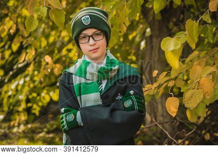 Kiev Ukraine 24 October- Illustraive Editorial- Kid At Sytherin Hogwards. A Young Student Of The Mag