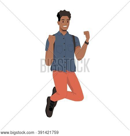 Smiling African American Man Jumping With Backpack, Fists Up Isolated College Or University Student.