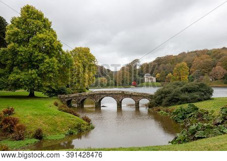 Landscape Photo Of The Pantheon And The Bridge At Stourhead Gardens In Autumn