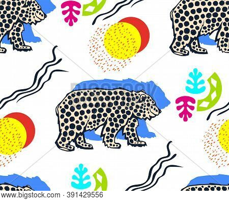 Vector Background Hand Drawn Wild Animals Bear. Hand Drawn Ink Illustration. Modern Ornamental Decor