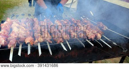 Grilled Beef Cabobs Close-up On An Open Fire.