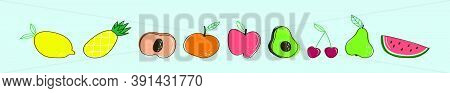 Set Of Fresh Fruits Cartoon Icon Design Template In Various Models. Apple Fruit, Pineaple And More V