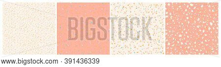 Set Of Seamless Terrazzo Patterns. Pink, Cream And Mustard Yellow, Turquoise Terrazzo Texture Backgr