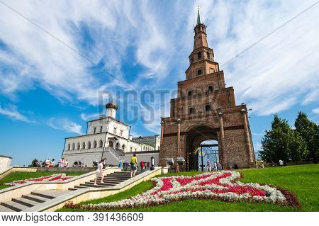 Kazan, Russia - July 17, 2018: Leaning Tower Syuyumbike In The Kazan Kremlin, Kazan, Republic Of Tat
