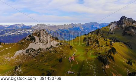 Popularf Tourist Hotspot In The Swiss Alps Called Schynige Platte Mountain - Aerial View