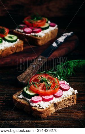 Vegetarian Sandwiches With Fresh Sliced Tomatoes, Cucumber And Radish
