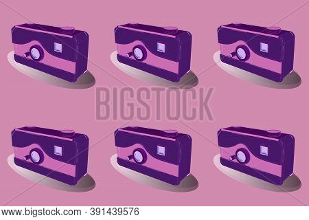 Retro Camera. Presented In 3d Style. Raster. Axonometry. Image In Pink, Neutral And Purple Colors.
