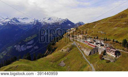 Popular Mountain In The Swiss Alps Called Schynige Platte In Switzerland - Aerial View