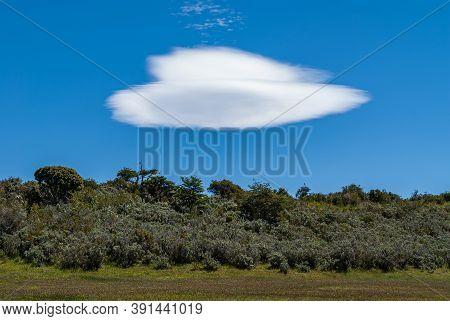 Riesco Island, Chile - December 12, 2008: Flying Dish Spaceship White Cloud In Deep Blue Sky Above B