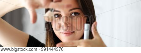 Beautiful Woman Make-up Artist Offers To Do Makeup For A Photo Shoot. Mask Skin Imperfections, Visua