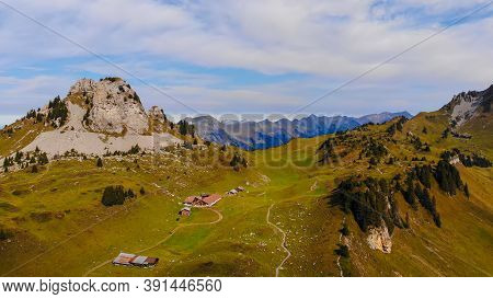 Popular Mountain In The Swiss Alps Called Schynige Platte In Switzerland - Aerial View