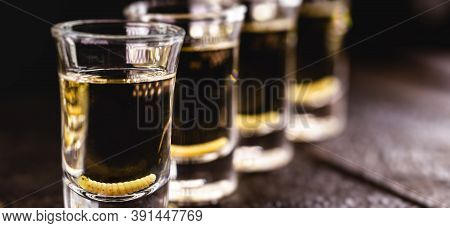 Several Glasses Of Mezcal (or Mescal) Is An Exotic Alcoholic Drink From Mexico, Distilled, Variation