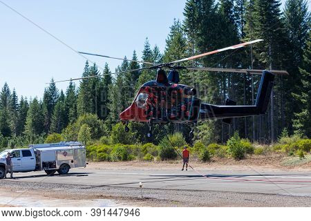 Prospect,  Oregon / Usa - September 9, 2014:  The Special Built K-max Helicopter With Intermeshing R