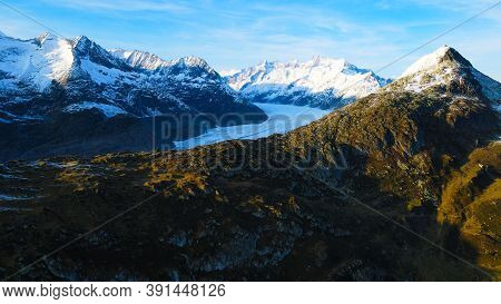 Aerial View Over The Largest Glacier In Europe - The Aletschgletscher In The Swiss Alps - Drone Foot