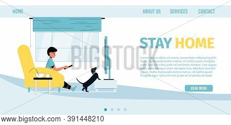 Stay Home. Awareness Social Media Campaign. Boy Child Staying At Home Watching Tv Show Programm In L