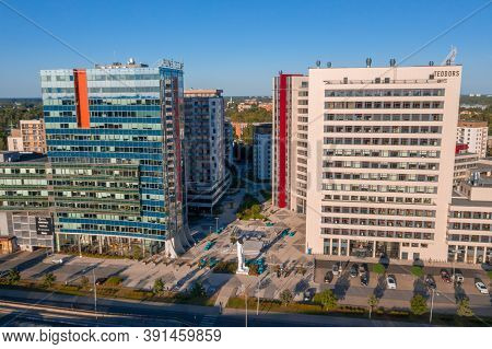 Riga, Latvia. August 20, 2020. Aerial View Of Riga Above Jauna Teika New District By The Vef Castle.