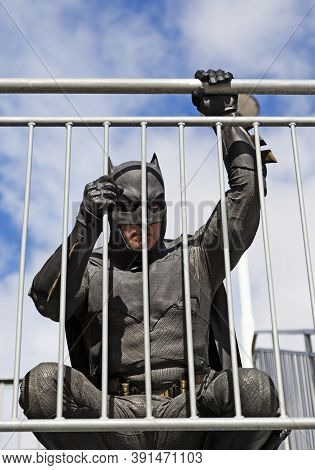 Umea, Norrland Sweden - September 5, 2020: Batman Squats At The Ledge