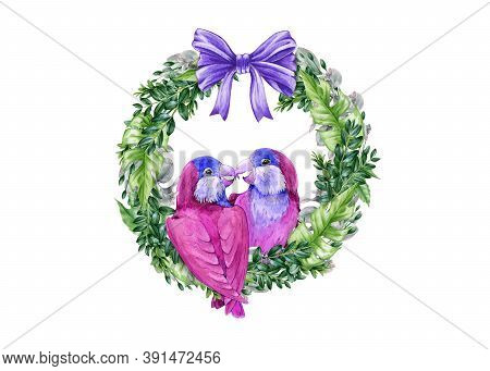 Lovebird Couple Parrots On A Wreath With A Ribbon Bow Watercolor Illustration. Exotic Tropical Birds