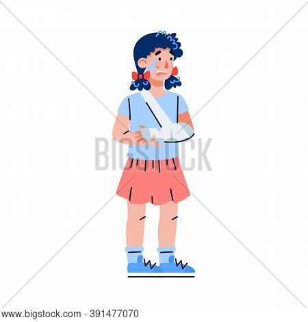 Little Girl Cartoon Character With Fracture Of Arm, Flat Vector Illustration Isolated On White Backg