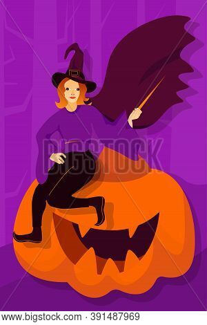 Halloween Holiday Greeting Card With Witch And Pumpkin. Vector Illustration. Trick Or Treat Concept.