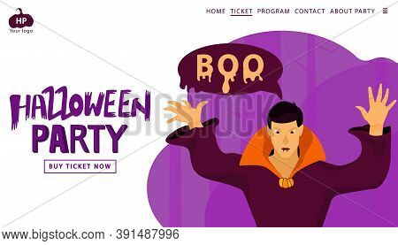 Halloween Holiday Greeting Invitation To A Party. Vampire On A Scare Wood Abstract Background.  Land