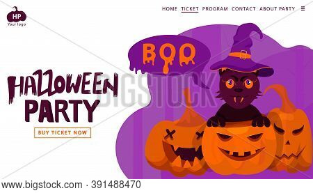 Halloween Holiday Greeting Invitation To A Party.pumpkin And Cat On A Scare Wood Abstract Background