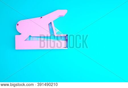 Pink Spanish Jamon On The Wooden Jamonera Icon Isolated On Blue Background. Minimalism Concept. 3d I