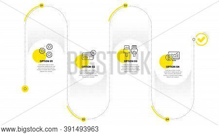 Computer Cables, Gears And Cashback Line Icons Set. Timeline Process Infograph. Bitcoin Chart Sign. 
