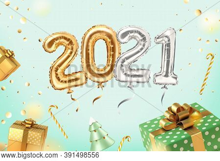 2021 Golden Decoration Holiday On Neomint Background. Shiny Party Background With Golden And Green G