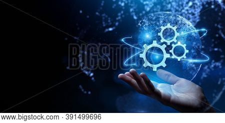 Gears Icon On Screen. Business And Industrial Process Automation Rpa Technology Concept.