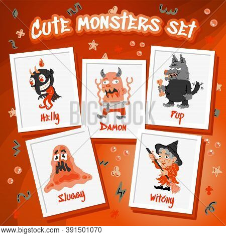 Monster Cartoon Character Set. Hand-drawn Vector Illustration With Beas, Wolf, Devil, Witch. Mystery